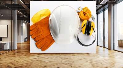 Set of safety equipment on white background, top view Wall mural