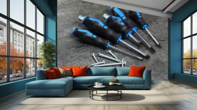 Set of screwdrivers and screws on grey table Wall mural