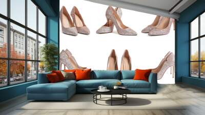 Set of stylish high heel shoes with glitters on white background Wall mural