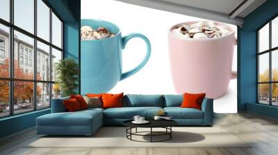 Set of two different cups with sweet chocolate milk and marshmallows on white background Wall mural