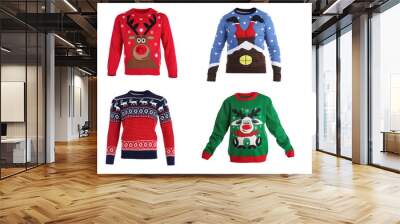 Set of warm Christmas sweaters on white background. Banner design Wall mural