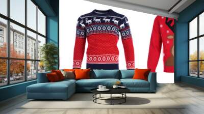 Set of warm Christmas sweaters on white background. Banner design Wall mural