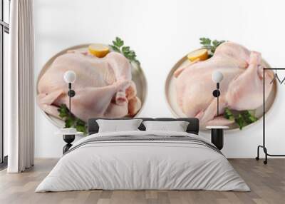 Set of whole raw chicken isolated on white, different sides Wall mural