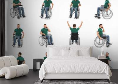 Set of young man in wheelchair on white background Wall mural