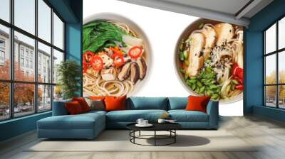 Set with bowls of delicious ramen with different ingredients isolated on white, top view. Noodle soup Wall mural