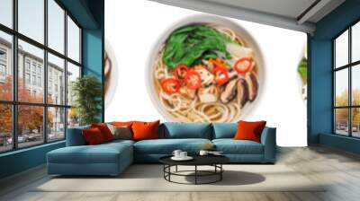 Set with bowls of delicious ramen with different ingredients isolated on white, top view. Noodle soup Wall mural