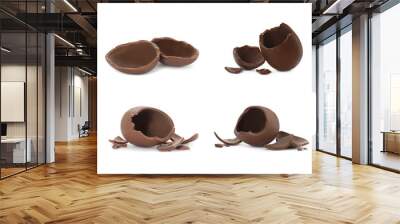 Set with broken chocolate eggs on white background, banner design Wall mural