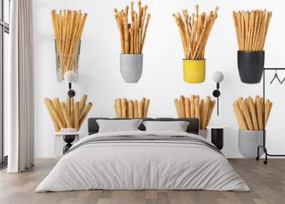 Set with delicious crispy grissini sticks on white background Wall mural