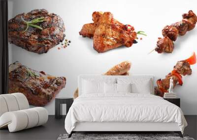 Set with delicious meat on white background. Barbecue recipes Wall mural