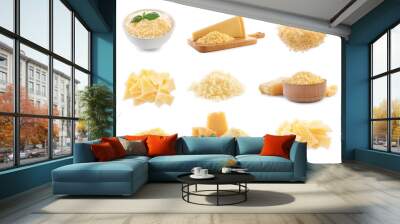 Set with delicious parmesan cheese on white background Wall mural