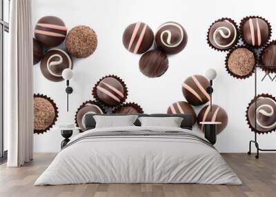 Set with delicious sweet chocolate truffles on white background, top view. Banner design Wall mural