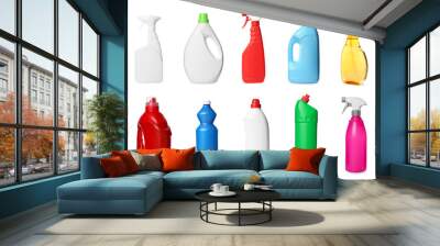 set with different cleaning products on white background Wall mural