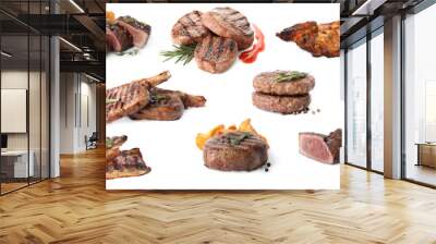 Set with different delicious grilled meat on white background, banner design Wall mural