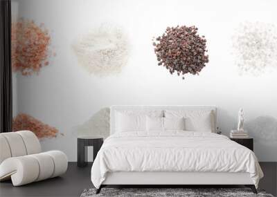 Set with different kinds of salt on white background. Banner design Wall mural