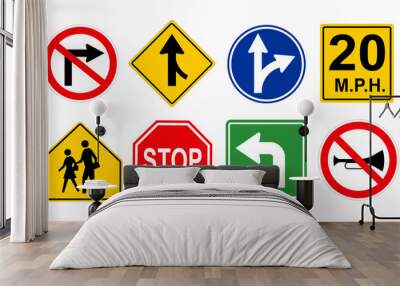 Set with different road signs on white background Wall mural