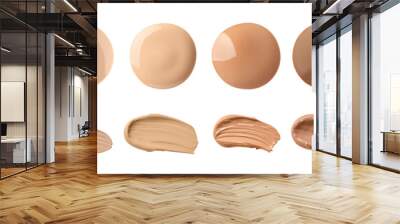 Set with different shades of liquid skin foundation on white background, top view. Banner design Wall mural