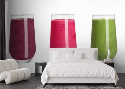 Set with different tasty smoothies on white background. Banner design Wall mural