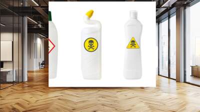 Set with different toxic household chemicals with warning signs on white background. Banner design Wall mural