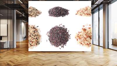 Set with different types of rice on white background. Banner design Wall mural