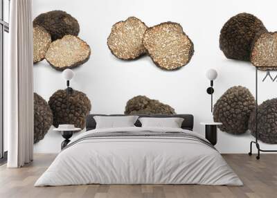 Set with expensive delicious black truffles on white background. Banner design Wall mural