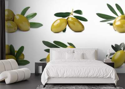 Set with fresh green olives on white background. Banner design Wall mural