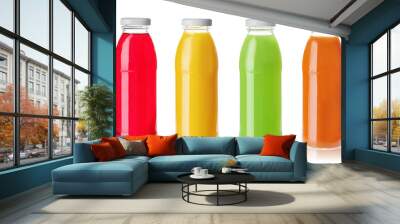 Set with glass bottles of different juices on white background Wall mural