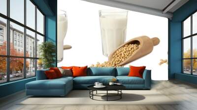 Set with natural soy milk and beans on white background. Banner design Wall mural