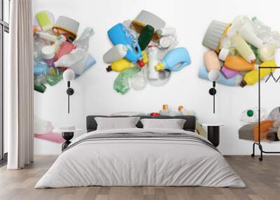 Set with piles of plastic garbage on white background. Banner design Wall mural