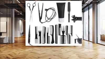 Set with professional hairdresser tools and cosmetic products on white background Wall mural