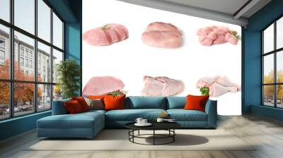 Set with raw chicken meat on white background Wall mural