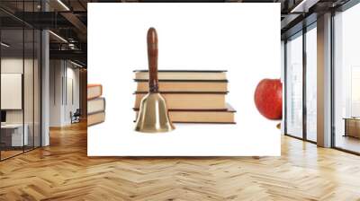 Set with school bells and books on white background. Banner design Wall mural