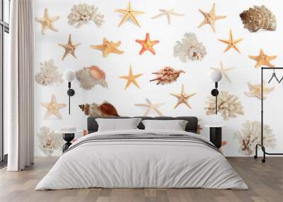 Set with sea stars, shells and corals isolated on white Wall mural