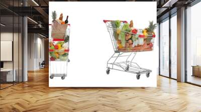 Set with shopping carts full of groceries on white background. Banner design Wall mural