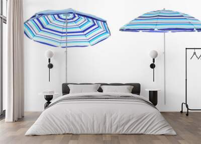 Set with striped beach umbrellas on white background. Banner design Wall mural