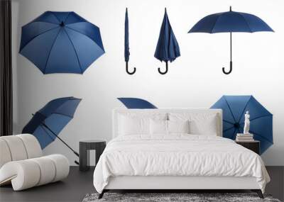 Set with stylish blue umbrellas on white background Wall mural