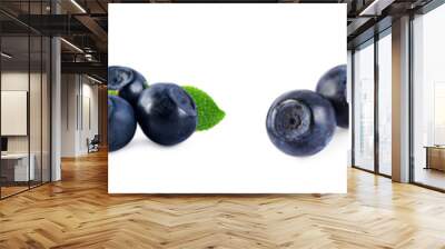 Set with tasty fresh bilberries and green leaves isolated on white Wall mural