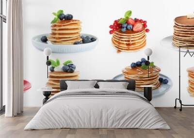 Set with tasty pancakes on white background. Banner design Wall mural