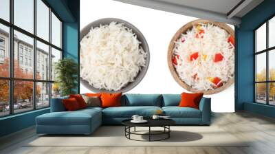 Set with tasty rice in bowls isolated on white, top and side views Wall mural