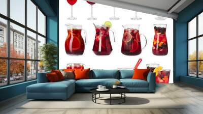 Set with tasty sangria in different glassware isolated on white Wall mural