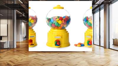 Set with vending machines and colorful sweet candies on white background Wall mural