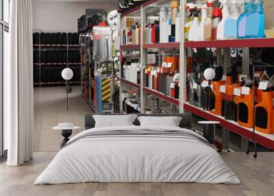 Shelves with car care products and tires in auto store Wall mural