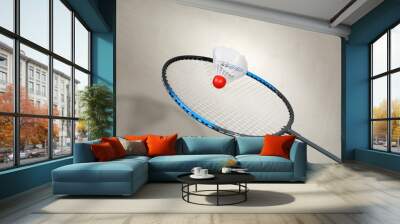 Shuttlecock and racquet on light background. Badminton equipment Wall mural