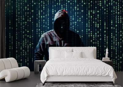 Silhouette of anonymous hacker and digital binary code on dark background. Cyber attack concept Wall mural