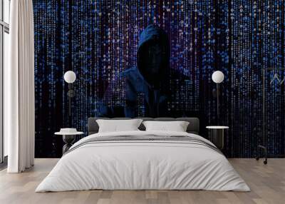 Silhouette of anonymous hacker and digital binary code on dark background. Cyber attack concept Wall mural