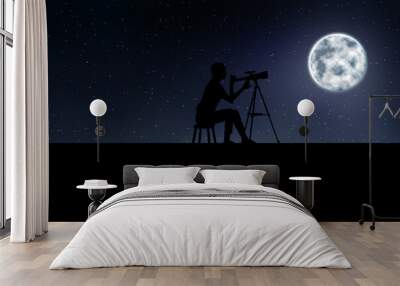 Silhouette of astronomer with telescope outdoors at full moon night Wall mural