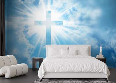 Silhouette of cross against blue sky. Christian religion Wall mural