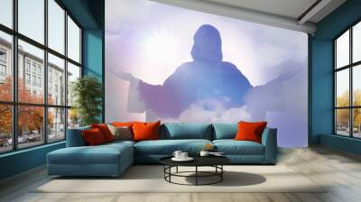 Silhouette of Jesus Christ and cloudy sky, double exposure Wall mural