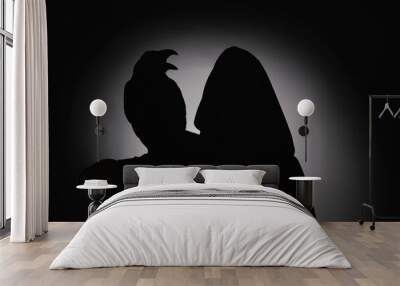 Silhouettes of mysterious witch and raven on dark background Wall mural