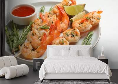 Skewers with delicious grilled shrimps served on white table, closeup Wall mural