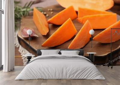 Sliced sweet potato on wooden table, closeup Wall mural